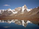 15 1 Mountains Reflected In Shurim Tso Lake From Below Langma La The next morning we passed by the Shurim Tso lake, its turquoise water hemmed in by the rock headwalls that lead to the Langma La.